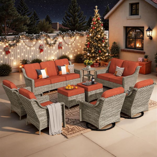 Toject Eureka Gray 9-Piece Wicker Modern Outdoor Patio Conversation Sofa Seating Set with Swivel Chairs and Red Cushions