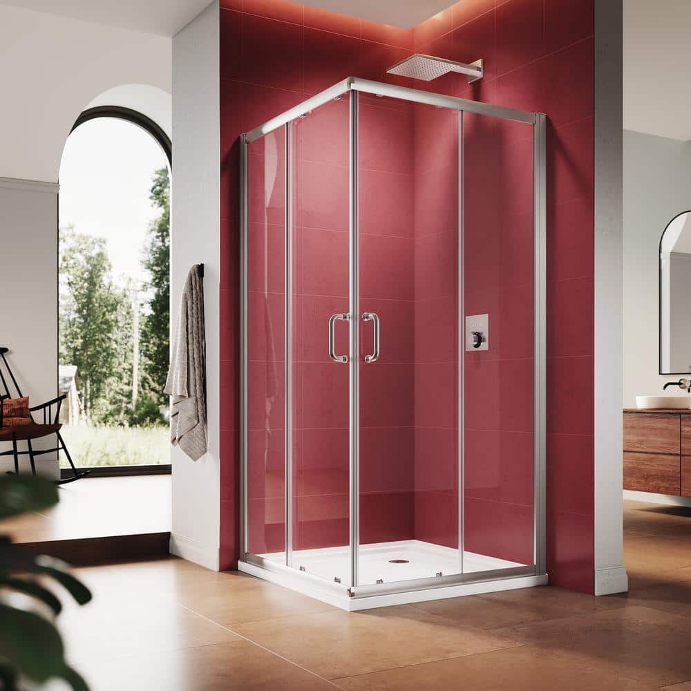 34'' Nickel Framed Clear Glass Sliding Corner Shower Enclosure