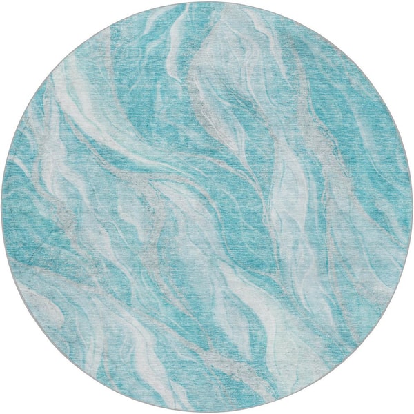 Dream Shag Premium Machine Washable Abstract ADS720 Teal 8 ft. x 8 ft. Round Rug