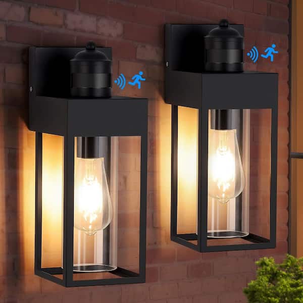 1-Light Matte Black Motion Sensing Dusk to Dawn Hardwired Outdoor Wall Lantern Sconce with Clear Glass(2-Pack)