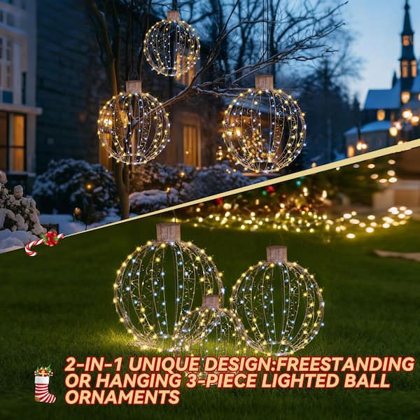 25 in. 3-Piece Outdoor Christmas Decoration Ornaments Set Pre-Lit Balls with White LED Lights