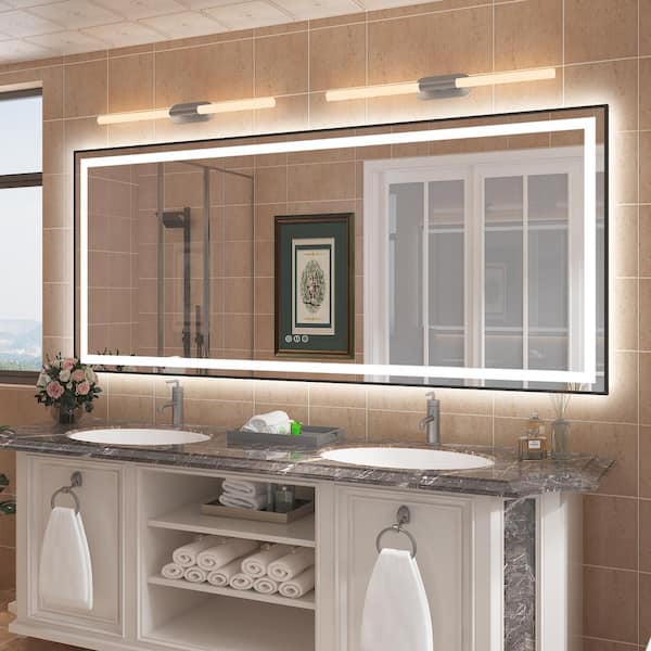 88 in. W x 38 in. H Rectangular Framed Front & Back LED Lighted Anti-Fog Wall Bathroom Vanity Mirror in Tempered Glass