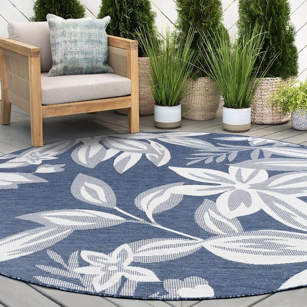 Eco Floral Navy 6 ft. Round Indoor/Outdoor Area Rug