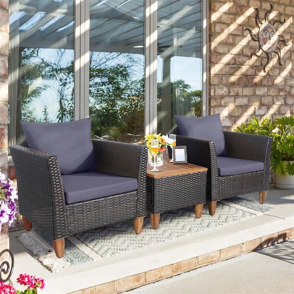 Costway Black 3-Piece Wicker Patio Conversation Set with Grey Cushions