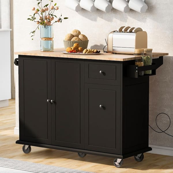YANTENG LLC 54 in. Black Rubber Wood Top Kitchen Island Cart with Drop Leaf, Internal Storage Rack, Pull-Out Cabinet, and Wheels