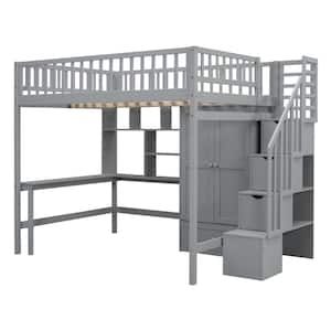 Full size Loft Bed with Bookshelf, Drawers, Desk, and Wardrobe-Gray