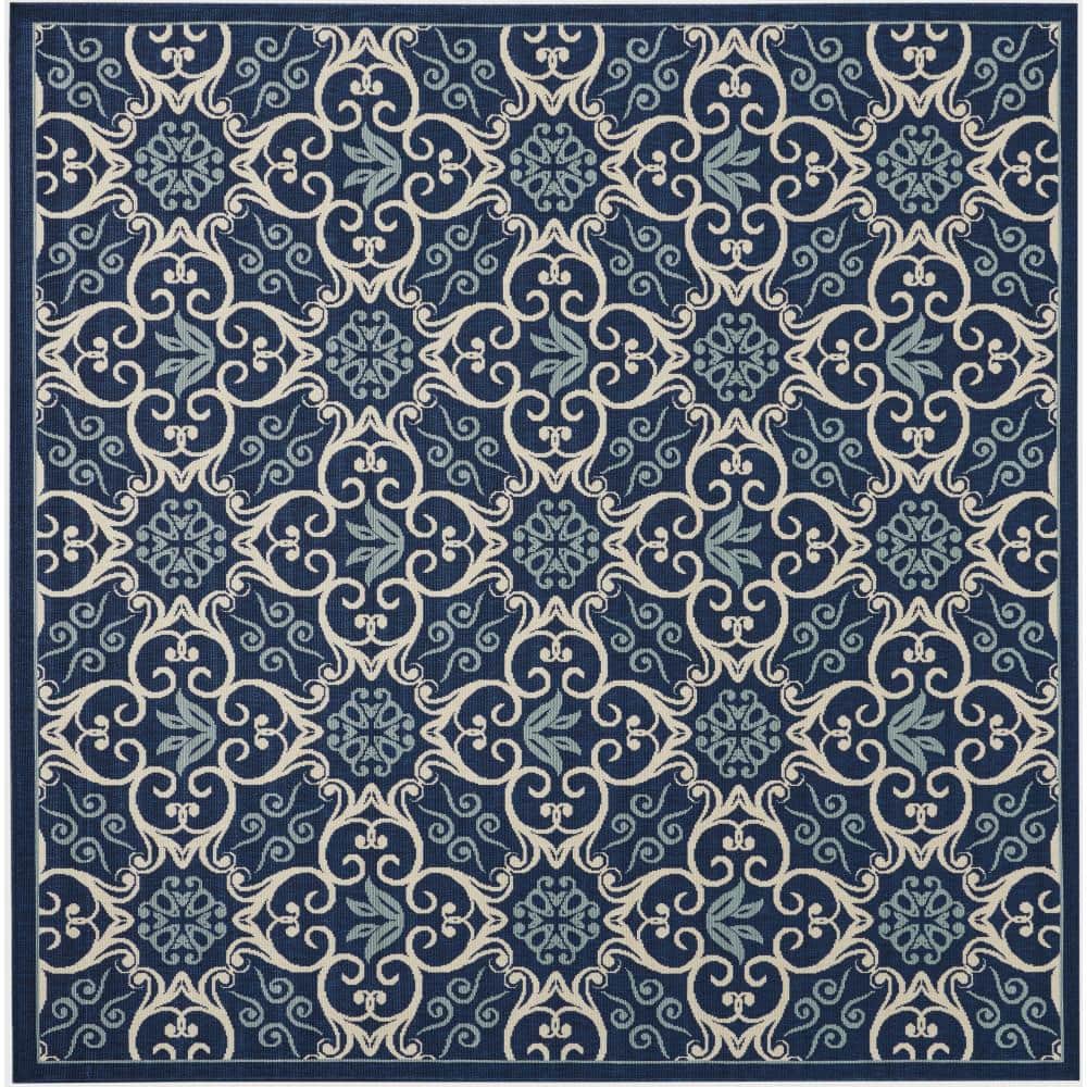 Nourison Caribbean Navy 8 ft. x 8 ft. Square Botanical Transitional
