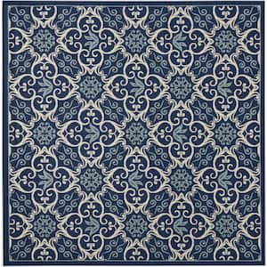 Caribbean Navy 8 ft. x 8 ft. Square Botanical Transitional Indoor/Outdoor Patio Area Rug