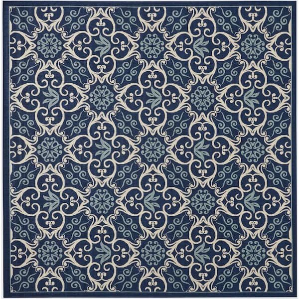 Nourison Caribbean Navy 8 ft. x 8 ft. Square Botanical Transitional Indoor/Outdoor Patio Area Rug