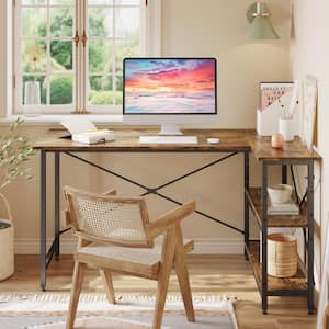 55 in. L-Shaped Rustic Brown Desk with Adjustable Shelves