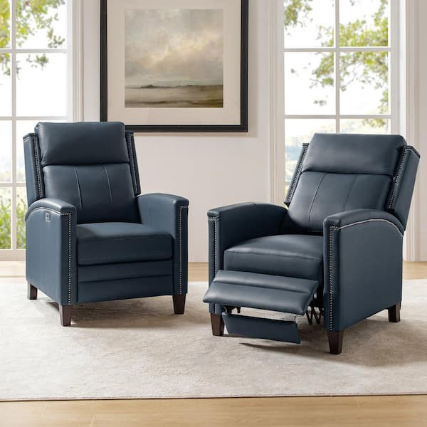 JAYDEN CREATION Cesar Navy 28.5 in. W Mid-century Modern Genuine Leather Power Recliner Set of 2