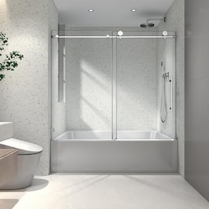 55-60 in. W x 63 in. H Single Sliding Frameless Tub Door in Brushed Nickel Finish with Clear Glass