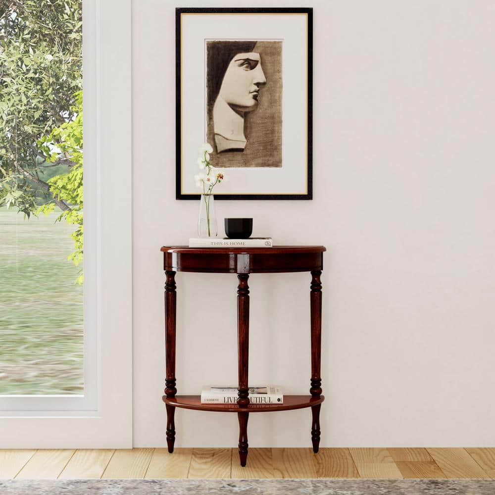 Traditional Demilune Console Table in Cherry Brown with Storage