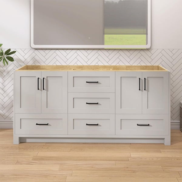 72 in. Bath Vanity Cabinet without Top in Light Gray Freestanding Solid Wood Bathroom Vanity Base Assembled