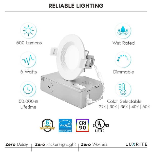 3 in. 6W 5 Color Selectable Canless Ultra Thin J-Box Remodel Integrated LED Recessed Light Kit Baffle 4 Pack