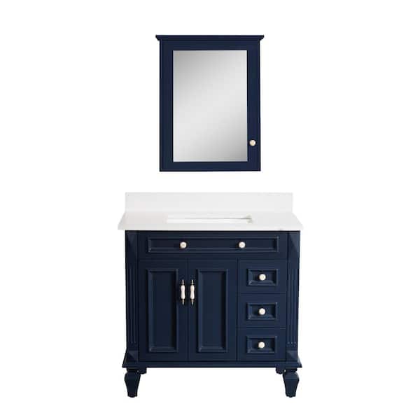 36 in. W x 22 in. D x 35 in. H Single Sink Bathroom Vanity Medicine Cabinet in Navy Blue with White Quartz Top