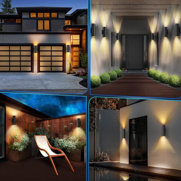 Black Dusk to Dawn Outdoor Hardwired Cylinder Wall Lantern Sconce with Integrated LED Up Down Lights (6-Pack)