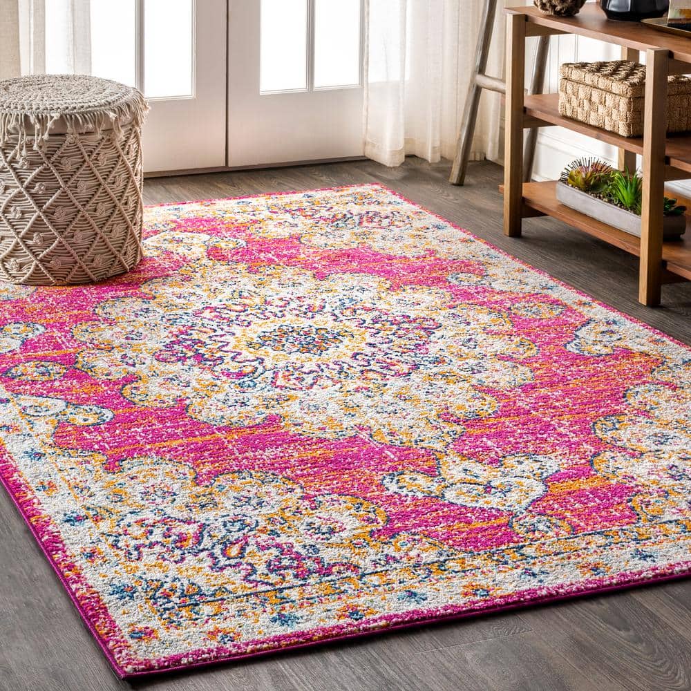 Bohemian Flair Pink and Cream Synthetic Medallion Area Rug