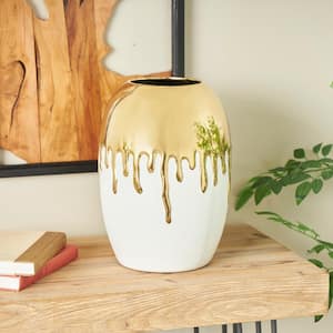 13 in. White Ceramic Decorative Vase with Abstract Gold Melting Drips