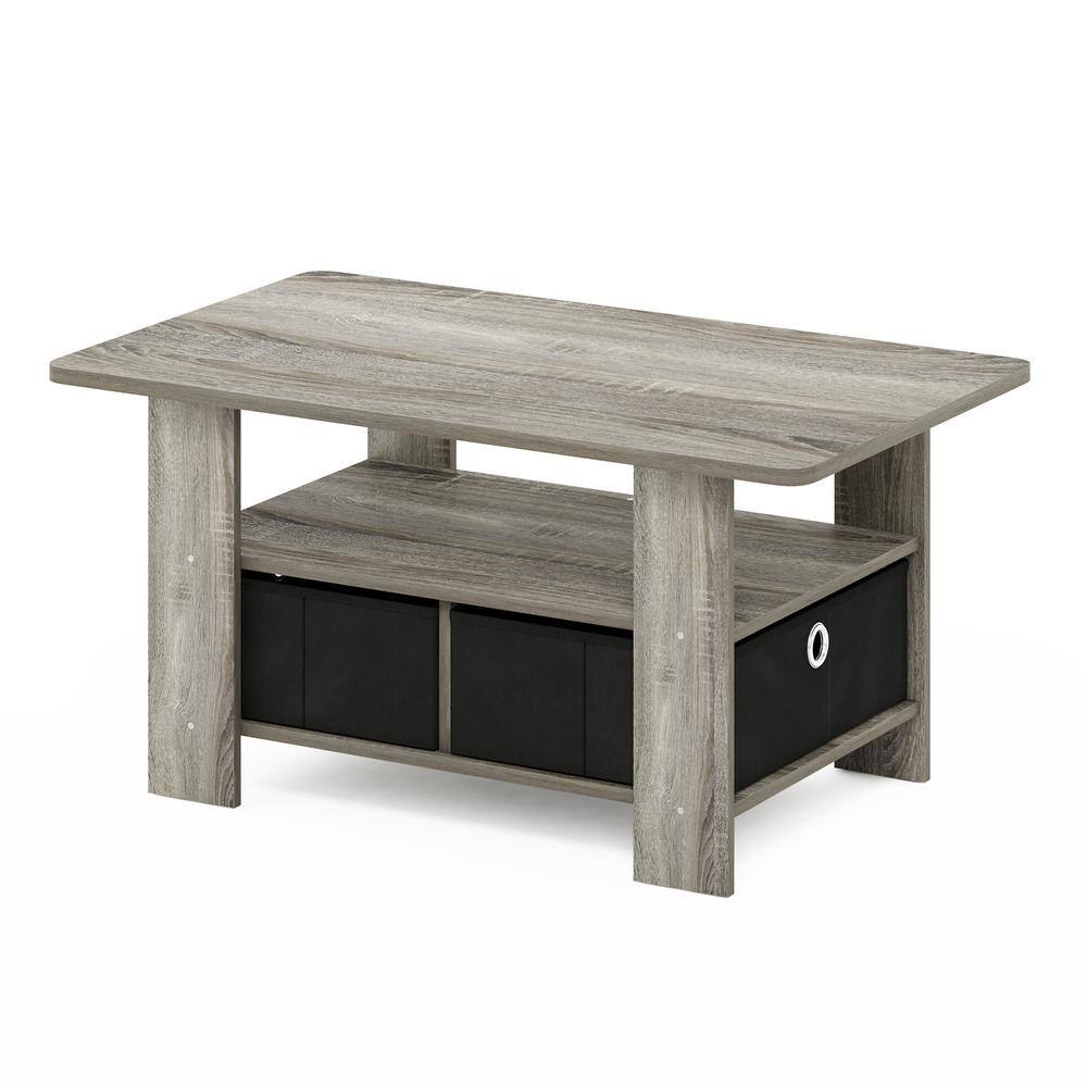 French Oak Gray and Black Wood Coffee Table with Storage Bins