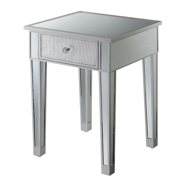 Convenience Concepts Gold Coast 18 in. x 24 in. H Silver Faux Croc Square Mirrored End Table with Drawer