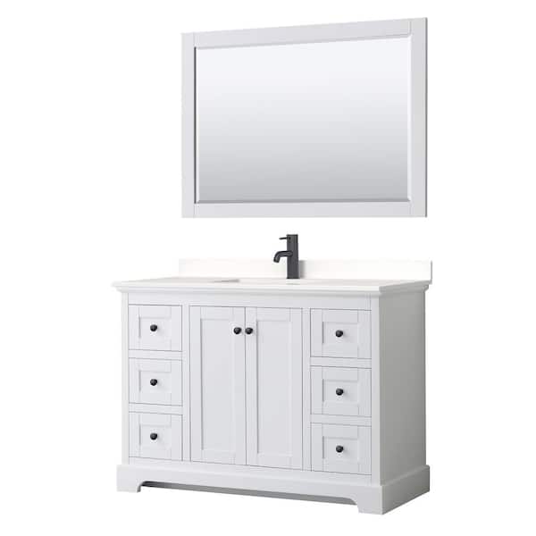 Wyndham Collection Avery 48 in. W x 22 in. D x 35 in. H Single Bath Vanity in White with White Quartz Top and 46 in. Mirror