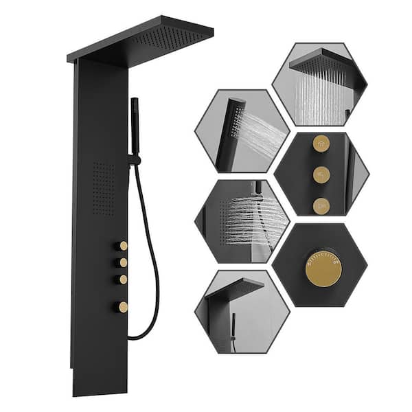 BWE 1-Jet Rainfall Shower Tower Modern Shower Panel System with Rainfall Waterfall Shower Head and Shower Wand in Black