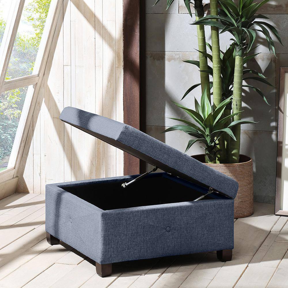 Blue Button Tufted Square Storage Ottoman with Dark Wood Legs