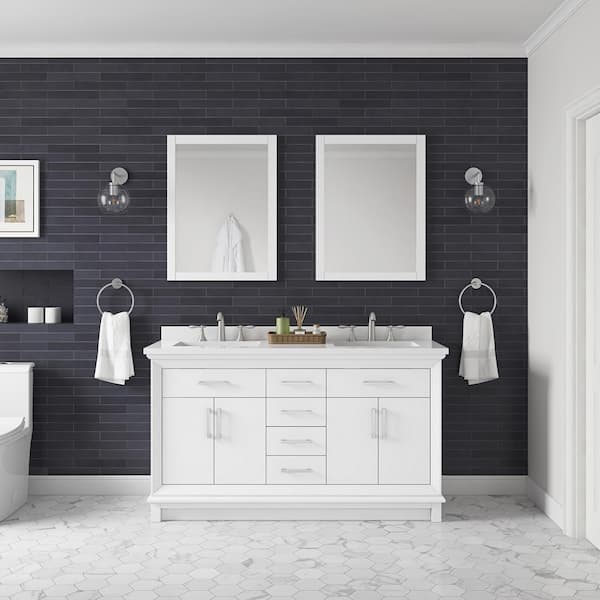 OVE Decors Churchill 60 in. W x 22 in. D x 34 in. H Double Sink Bath Vanity in Pure White with White Engineered Stone Top