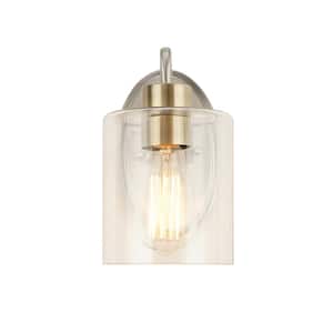 1-Light Brushed Nickel Wall Sconce Light with Brushed Brass Accents