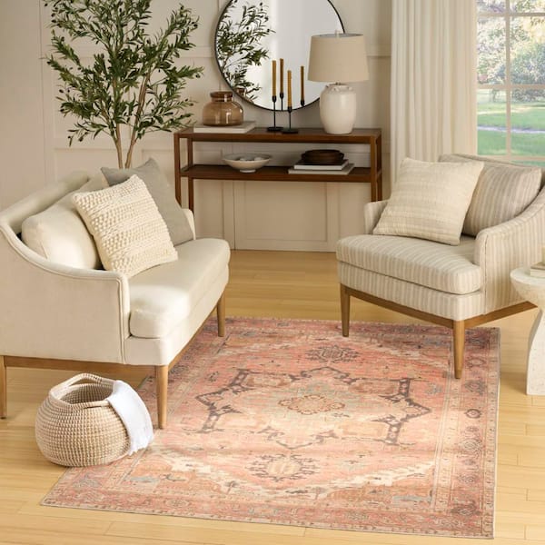 Vintage Washables Coral Multicolor 5 ft. x 7 ft. Center Medallion Traditional Area Rug