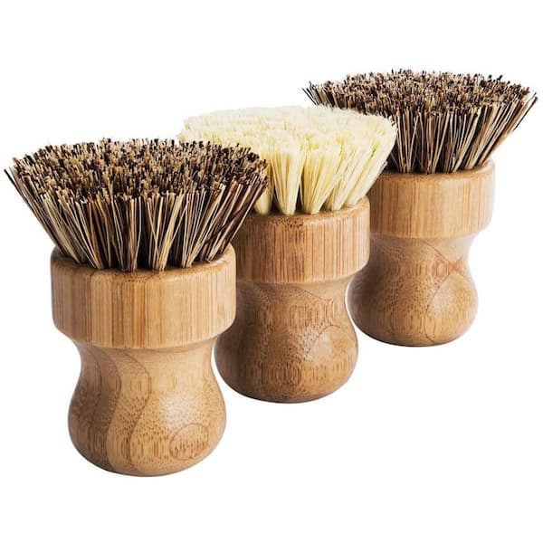 Kitchen Tools Natural Bamboo Handle Stiff and Medium Bristle Scrub Brush Set for Pots, Pans, Dishes, Vegetables, 3 Pack