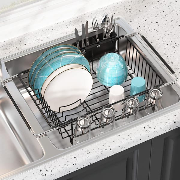 Expandable Stainless Steel Dish Drainers with Utensil Holder, Dish Dryer Rack for Inside Sink, Black