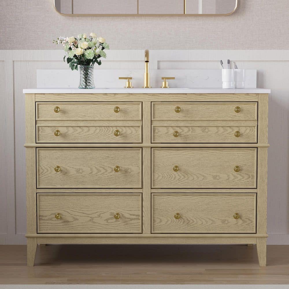 Megan 48 in. Single Sink Freestanding Solid OAK Bath Vanity with Carrera White Quartz Top, Soft-Close Dovetail Drawers