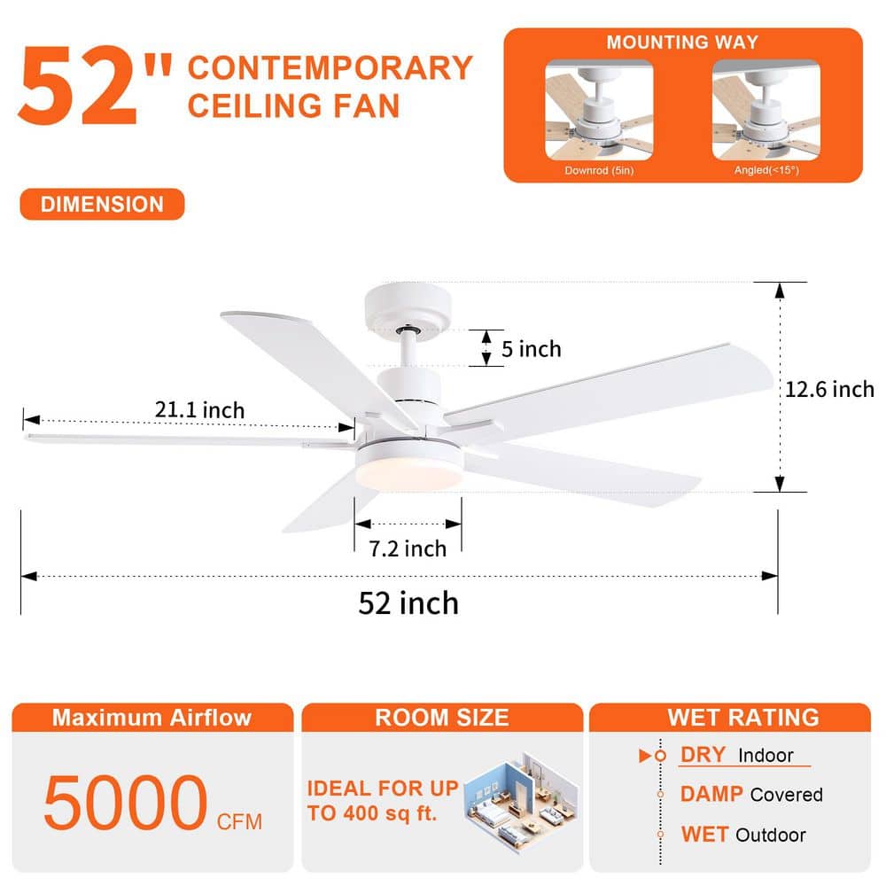 Matte White 52" Ceiling Fan with LED Light and Remote