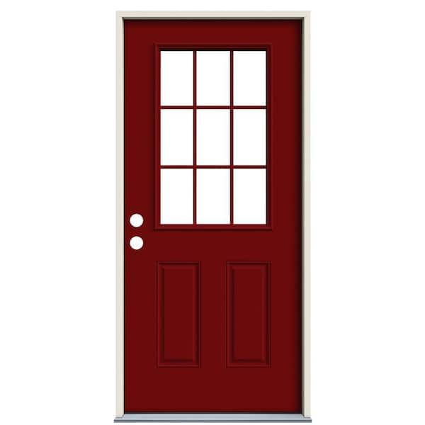 36 in. x 80 in. 9-Lite Cranberry Red Painted Steel Prehung Right-Hand Outswing Entry Door with Brickmould