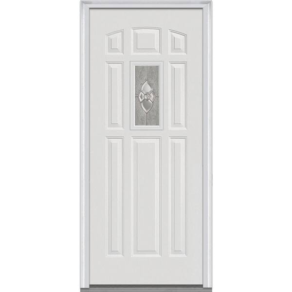 Milliken Millwork 32 in. x 80 in. Master Nouveau Left Hand 1 Lite Decorative Classic Primed Steel Prehung Front Door with Brickmould