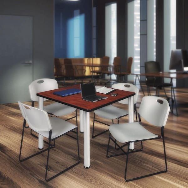 Kee 42 in. Cherry Top Square Breakroom Table Desk, Chrome Legs, 4 Zeng Stack Chairs-Grey