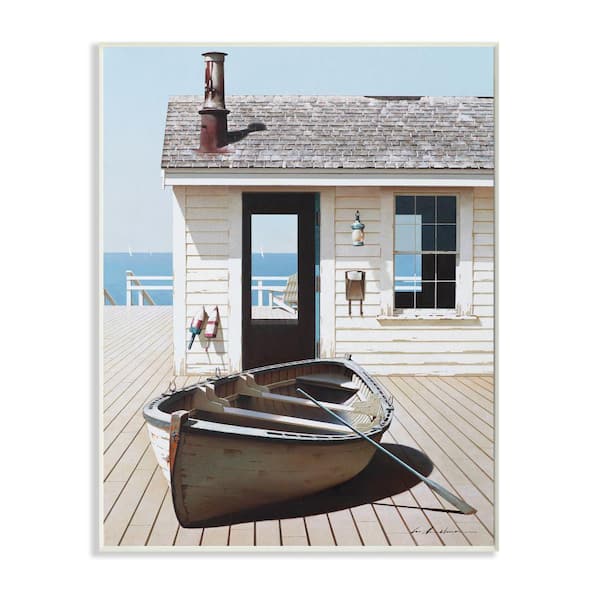 Stupell Industries "Boat On Boardwalk Coastal Boathouse Painting" by Zhen-Huan Lu Unframed Nature Wood Wall Art Print 10 in. x 15 in.