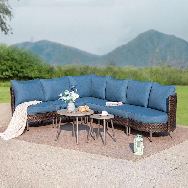 PHI VILLA Black 8-Pieces Metal Patio Conversation Sectional Seating Set with 2 Round Coffee Table, Brown Rattan and Blue Cushions