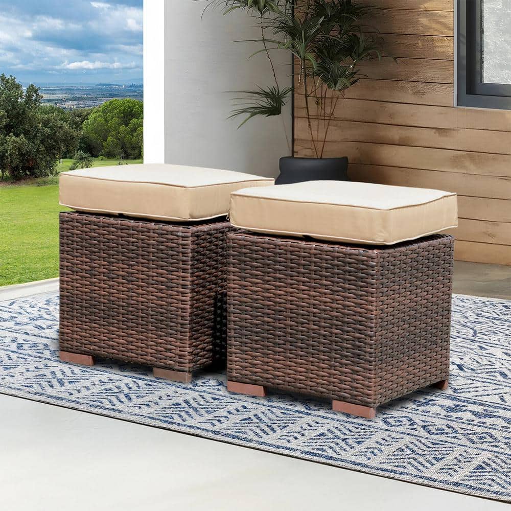 2-Piece Wicker Outdoor Patio Ottoman with Brown Cushions
