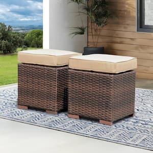 Patiorama 2-Piece Wicker Outdoor Patio Ottoman with Brown Cushions