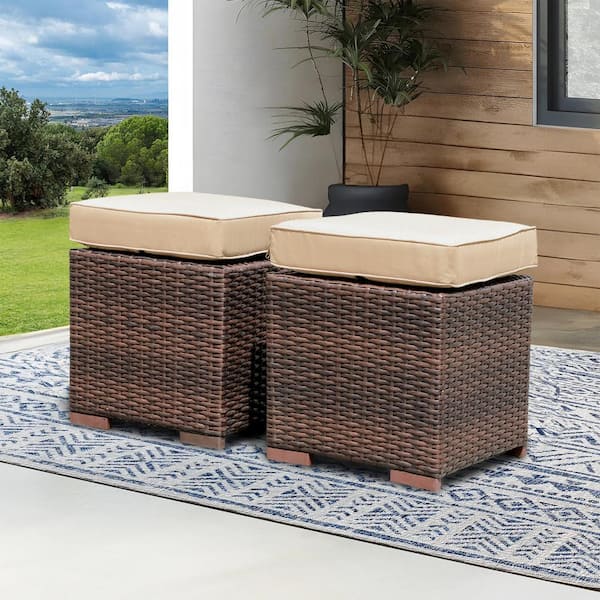 Unbranded Patiorama 2 Piece Wicker Outdoor Patio Ottoman with Brown Cushions PA N22