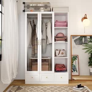White Wood 47.2 in. W Tempered Glass Doors Armoires Wardrobe with Hanging Rods, 3-Drawers, Open Shelves 78.7 in. H