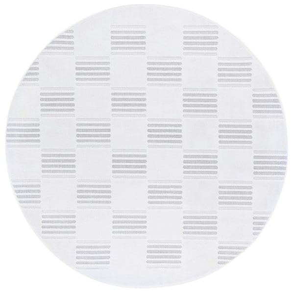 Stella Ivory/Beige 7 ft. x 7 ft. Checkered Solid Stripe Indoor/Outdoor Round Area Rug