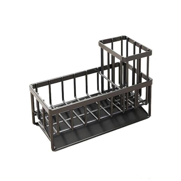 Black Stainless Steel Kitchen Sink Sponge Holder Organizer with Auto-Drainage Brush Rack Compact Storage Caddy