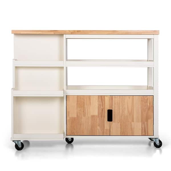 PHI VILLA Ivory White Rolling Utility Kitchen Cart Storage Cabinet With Natural Wood Top & Wheels