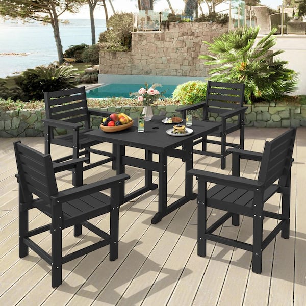 Black 1-Piece HDPS 35 in Square Outdoor Bistroor Outdoor Dining with 1.96 in. Umbrella Hole for Porch Balcony Backyard