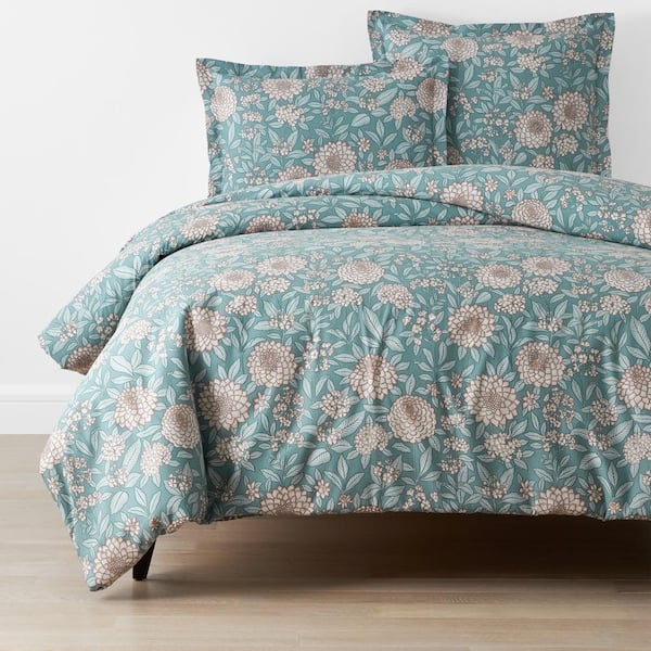 The Company Store Company Cotton Zinnia Garden Teal Queen Cotton Percale Duvet Cover