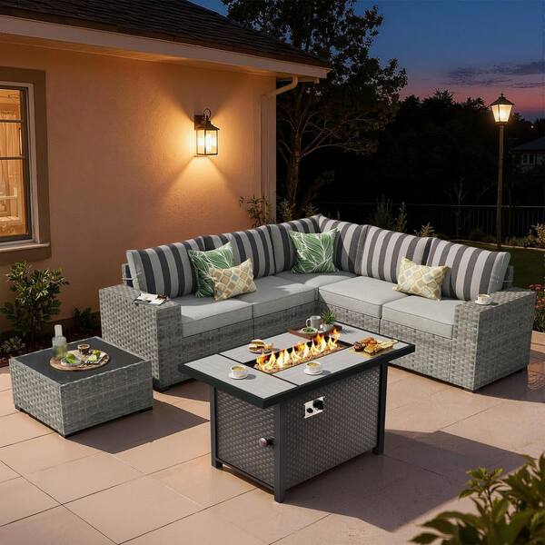 Baldwin Gray 7-Piece Wicker Wide Arm Outdoor Patio Sofa Sectional Set with Metal Fire Pit and Gray Striped Cushions